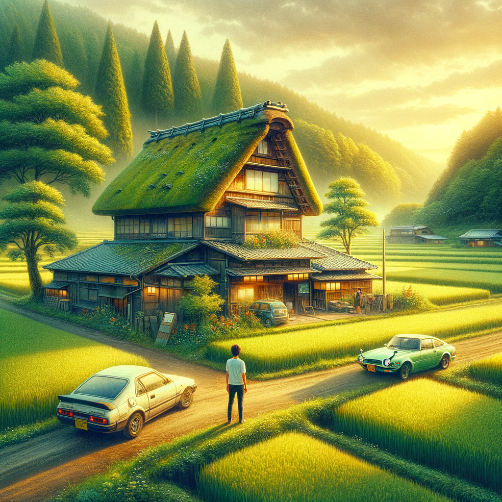 Create an image in the style of a Ghibli-inspired anime oil painting, depicting a quaint, old house in the Japanese countryside. This house, reminiscent of a traditional izakaya, is surrounded by lush trees and overlooks vibrant rice fields. The scene is bathed in the warm, soft glow of a setting sun, casting gentle shadows and creating a tranquil, nostalgic atmosphere. The composition should be rich in texture, capturing the serene beauty of rural Japan in a whimsical, Ghibli-like manner. 並列兩台汽車讓一個年青人進行選擇。